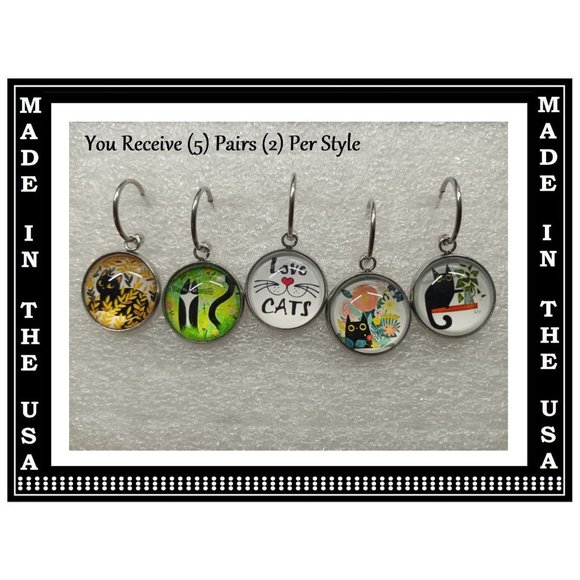 5/$20 Kitty Cat Stainless Steel Interchangeable Charm Earrings-5 Pairs in Set - Picture 3 of 7